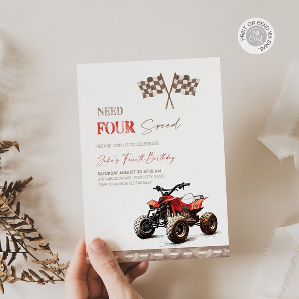 Red ATV Bike Birthday Invitation, Editable Need for Speed 4th Birthday 4 Wheeler Invite Template, Printable Digital Download