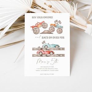 Printable Monster Trucks and Race Cars Mixed Theme Birthday Invitation, Editable Trucks and Cars 1st Birthday Invite Template Download