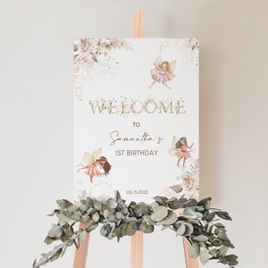 Bearbeitbares Boho-Fee-Geburtstags-Willkommens-Schild, verzaubertes magisches Wildblumen-Garten-Fee-Blumen-Geburtstags-Party-Zeichen, 18x24 Party-Zeichen