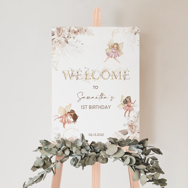 Editable Boho Fairy Birthday Welcome Sign, Enchanted Magical Wildflower Garden Fairy Floral Birthday Party Sign,18x24 Party Sign