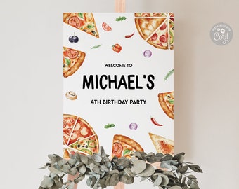 May include: White welcome sign with a pizza theme. The sign says "Welcome to Michael's 4th Birthday Party". The sign is decorated with watercolor illustrations of pizza slices, olives, onions, peppers, and basil.