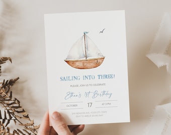 Sailboat 3rd Birthday Invitation: Nautical Theme (Digital Download)