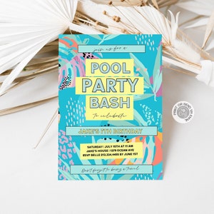 Neon Pool Party Birthday Invitation: Tropical Summer (Digital Download)