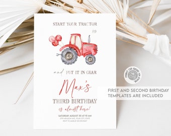May include: Red tractor with balloons, a birthday invitation for Max's third birthday. The invitation says "Start your tractor and put it in gear. Max's third birthday is almost here!"  First and second birthday templates are included.