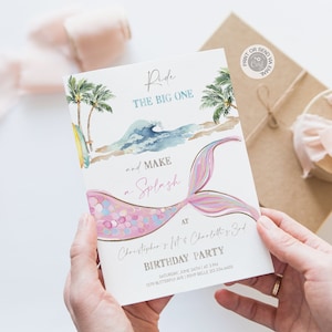 Joint Mermaid Birthday Invitation: Surfing Theme (Digital Download)