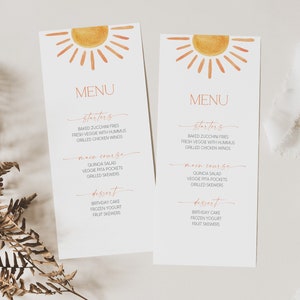 Bewerkbare Sun-menukaart, afdrukbare Sunshine Event-themamenusjabloon, babyshowermenu, digitale download