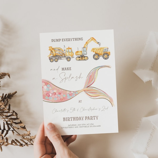 Editable Joint Sibling Birthday Party Invitation, Construction Trucks and Mermaid Tail invite Template, Any Gender Dual Combined Birthday