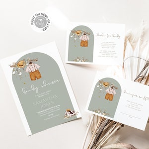 Bearbeitbare Boho Rustikale Babypartyeinladung | Vintage Jungen-Baby-Kleidung-Babyparty-Einladung | Corjl Sofort Download | A16