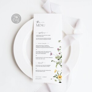 Plantilla de menú de boda • Plantilla de menú de boda de flores silvestres • Plantilla editable • Descarga de menú de boda imprimible