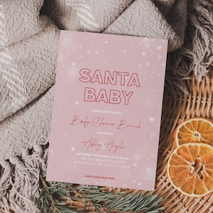 Pink Christmas Baby Shower Uitnodiging, Santa Baby, bewerkbare vakantie baby strooi viering sjabloonkaart, Instant Download