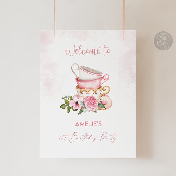 Teacups Birthday Party Welcome Sign, Pink Floral Teacups with Bunny 18x24 Welcome Sign, Instant Download