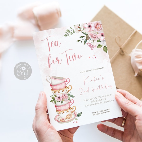 Editable Tea party birthday invitation | Tea for Two Girl Tea Party Invite Pink Gold Floral Peach Pink Printable Template | Digital Download