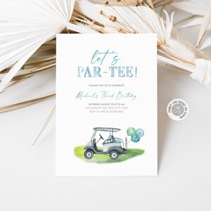 編集可能なゴルフのあらゆる年齢の誕生日招待状、Let's Par-tee ミニゴルフ パットパット パーティーの招待状テンプレート、印刷可能なリトル ゴルファー デジタル テンプレート