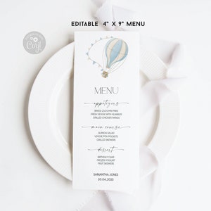 Blauwe heteluchtballon verjaardagsmenu Afdrukbaar • Op en neer • Bewerkbare sjabloon • Afdrukbaar babyshowermenu
