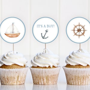 Nautical Baby Shower Cupcake Toppers: Blue Sailboat Decorations (Digital Download)