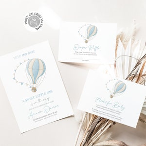 Convite azul para chá de balão de ar quente editável, tema de balão de ar para impressão de aniversário, convite para polvilhar download instantâneo