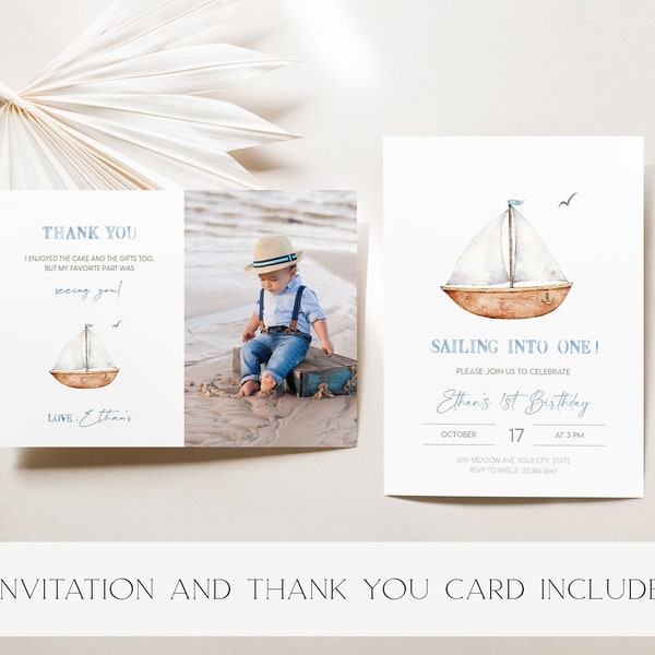 Sailing into One Birthday Invitation, Editable Sailboat 1st Birthday Invite Template, Blue Nautical Theme, Printable Digital Download