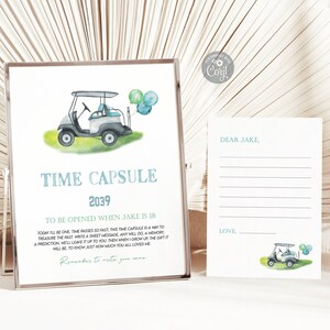 Sinal da cápsula do tempo do tema do golfe | editável em uma festa de aniversário pôster | Sinal de desejos de primeiro aniversário do menino | Download digital para impressão