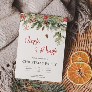 Jingle and Mingle Weihnachtsfeiereinladung, bearbeitbare Cocktail-Urlaubsparty-Einladungsvorlage, digitaler Download