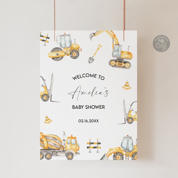 Editable Construction Baby Shower Welcome Sign, Printable Construction Theme Birthday Party Sign, Digital Download