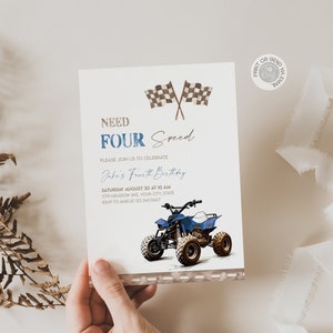 Blaue ATV Bike Geburtstagseinladung, druckbare und bearbeitbare Need for Speed 4. Geburtstag Quad Bike Invite Vorlage, 4 Wheeler digitaler Download