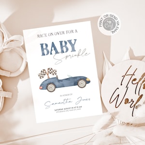 Race on Over Navy Blue Race Car Baby Sprinkle Invitation, Editable ...