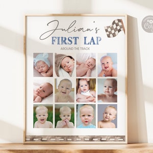 Druckbare erste Runde Foto Poster Vorlage, Rennauto Thema 1. Geburtstag Bild Collage, bearbeitbar mein erstes Jahr Board, digitaler Download