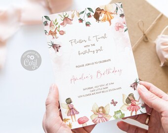 May include: A pink and white invitation card with a floral border and illustrations of fairies and a gnome. The text on the card reads "Flutter & Twirl with the birthday girl. Please join us to celebrate Amelie's Birthday. Saturday, July 17th at 2 PM. Cafe Little Fairy. 123 Flower Ave. RSVP Belle 213.334.4456."