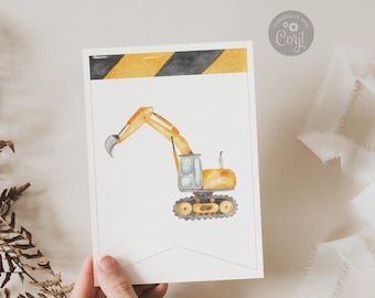 May include: A printable banner featuring a yellow excavator with black tracks and a black and yellow striped background. The banner is perfect for a construction-themed party.