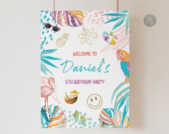 May include: A tropical-themed birthday party sign with a flamingo, parrot, pineapple, sunglasses, and a coconut drink. The sign says "Welcome to Daniel's 5th Birthday Party".
