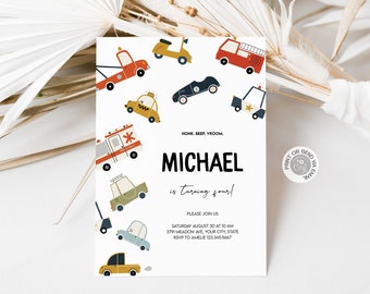 City Cars Transportation Theme Birthday Invitation, Editable Simplistic Cute Cars Birthday Invite Template, Instant Download, Paperless Post