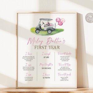 Golf Pink Birthday Party Milestone Sign, Hole in One, Girl Birthday 1st Birthday, Edytowalny szablon znaku urodzinowego do wydrukowania w wersji cyfrowej