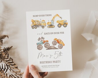 Construction Trucks Monster Trucks Joint Birthday Invitation, Editable Combined Birthday Themes Invite Template, Instant Download