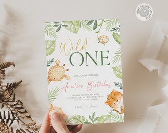 Editable Wild One Safari Birthday Invitation, Printable Jungle First Birthday Invite Template, Safari Animals, Instant Paperless Download