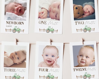 Green Tractor Monthly Photo Banner, Baby&#39;s First Year Photos, Milestone Bunting Banner, Farm Vehicles 1st birthday decorations Digital Print