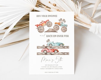 Printable Monster Trucks and Race Cars Mixed Theme Birthday Invitation, Editable Trucks and Cars 1st Birthday Invite Template Download