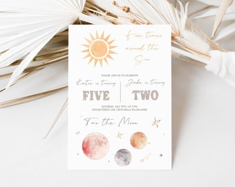 May include: A birthday invitation with a watercolor sun and moon design. The text reads "Five times around the sun" and "Katie is turning five, Jake is turning two". The invitation also includes the date and time of the party, as well as the address and RSVP information.