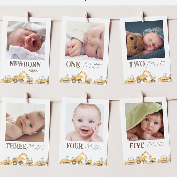 Construction Cars monthly photo banner, Babys first year photos, Milestone banner, Dump Truck 1st birthday decorations, 12 month banner