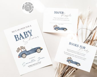 Navy Blue Race Car Baby Shower Invitation Set, Editable Vintage Racing Car Invite Template, Fast Printable Invitation, Digital download