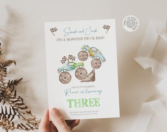 May include: A blue and green monster truck birthday party invitation with the text "Smash and Crash It's a Monster Truck Bash!" and "Join us to celebrate River is turning THREE".