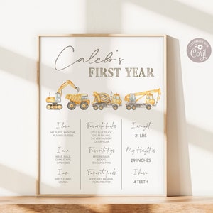 Costruzione modificabile 1 ° compleanno Milestone Sign / Construction Trucks Stats Poster / Download istantaneo S07