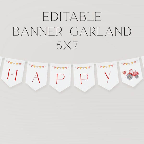 Editable Red Tractor Birthday Banner, Farm Theme Happy Birthday Sign, Happy Birthday Bunting, Birthday Party Sign Template