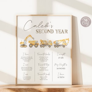 Construction Birthday Milestone Sign, Second Birthday Stats Poster, Cars and Trucks party sign, Instant Download, Editable Template S06