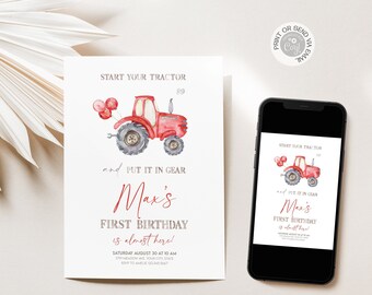 May include: Red tractor with balloons, watercolor illustration on a white background. Text reads: "Start your tractor and put it in gear Max's First Birthday is almost here!"