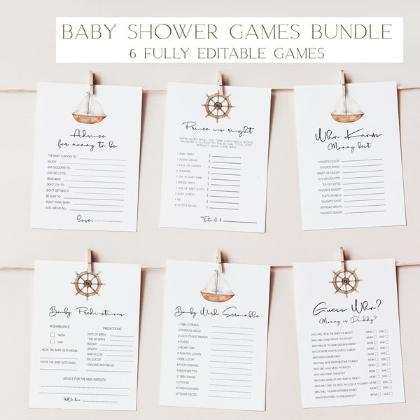 Editable Sailboat Baby Shower Games Set, Nautical Marine Theme Baby Shower Games Bundle, Printable Template Digital Download