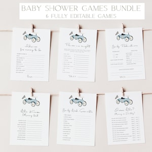 Blauwe raceautorit op babyshowerspelbundel, retro raceauto babystrooispelset, afdrukbare digitale download, bewerkbare sjabloon