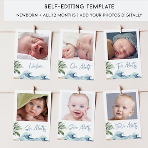 Banderole photo mensuelle modifiable de surf - cartes jalons de la première année de bébé - décoration de fête d'anniversaire pour le 1er anniversaire du thème plage - téléchargement numérique