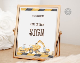 Letrero de cumpleaños de camiones de construcción: Decoración editable para fiestas (descarga digital)