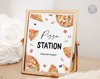 May include: A gold-framed sign with a white background and the text "Pizza Station" in black. The sign is decorated with watercolor illustrations of pizza slices, peppers, and herbs.