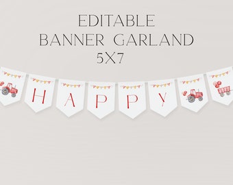 Puede incluir: Guirnalda de banner editable con tractores rojos y globos. La guirnalda deletrea "HAPPY" en letras rojas.